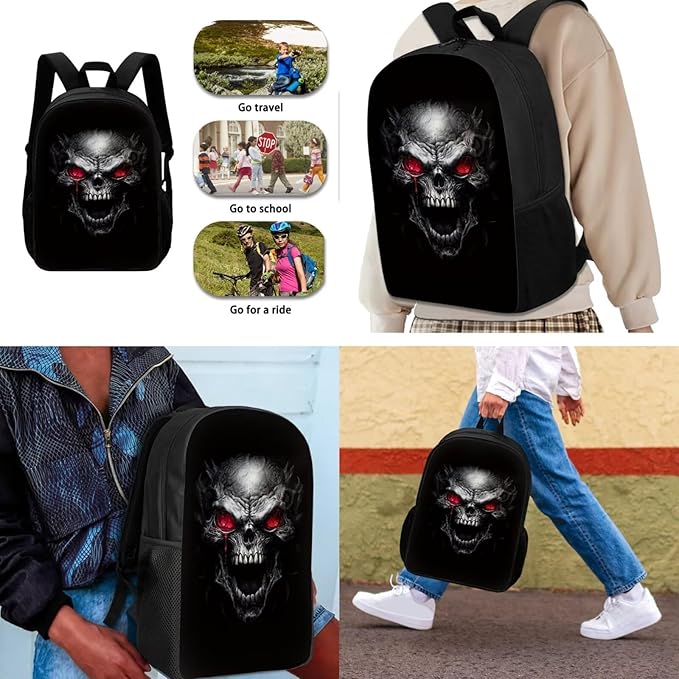3PCS Skull Print Blue School Bag, 17 Inch Laptop Bookbag Daypack Knapsack Rucksack Lunch Bags Pen Case for College Student