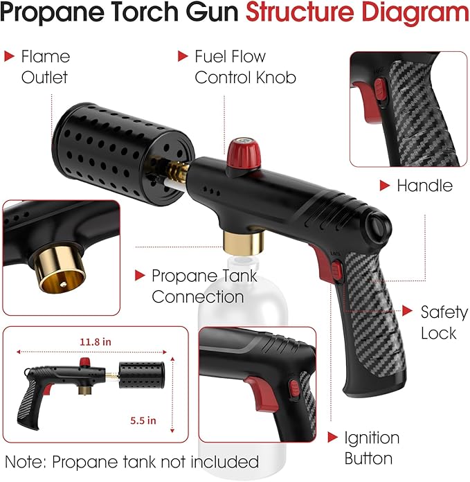 Propane Torch Gun, Adjustable Propane Flame Thrower Gun with Safety Lock, Powerful Propane Fire Starter Blow Torch for Camping Grill, Cooking, Campfire & Charcoal Lighting,Tank Not Included, Black