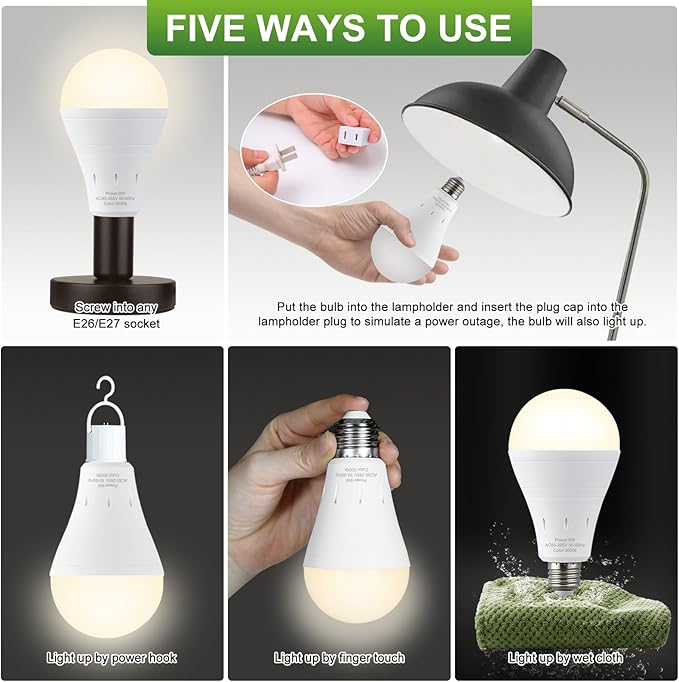 10 Pack Rechargeable Emergency Light Bulbs, Battery Powered LED Light Bulb 3000K Warm E26 120 Volt 9W 60W Equivalent with 1200mAh for Home Power Outage Camping Hurricane