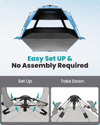 OutdoorMaster Beach Tent with Blackout Shelter Technology, Portable Sun Shade Shelter 4 Person, Pop Up Beach Tents with UPF 50+ UV Protection, 9.5mm Thick Pole, 3 Ventilating Mesh Windows -Blue
