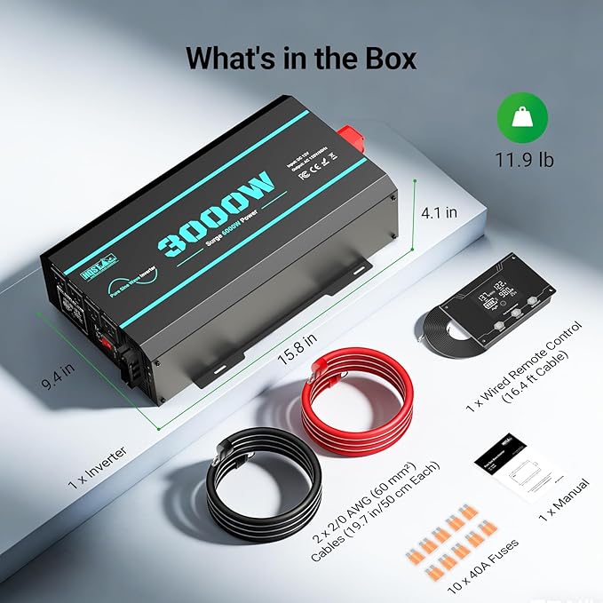 HQST 3000W Pure Sine Wave Inverter 12V DC to 110V AC Converter, w/ 6000W Peak, GFCI Protection, 4X AC Sockets, Hardwire Port, Remote, Solar Power Inverters for Vehicles, Camping, RVs, Home, Off Grid