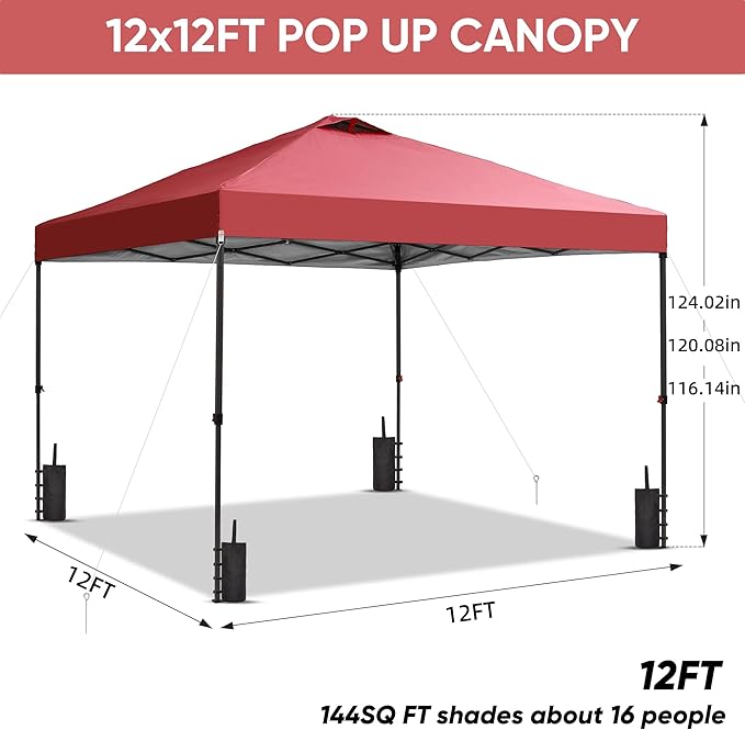 GDY 12x12 Pop Up Canopy Patio Carpas, One Push Set up with Central Lock Canopy with Wheeled Carry Bag, Included 4 Sandbaogs,8 Stakes and 4 Ropes, Red