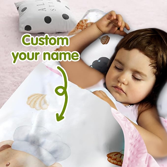 Custom Toddler Nap Mat for Preschool, Personalized Name Kids Sleeping Bag with Bear Parrern for Daycare, Roll Up Sleeping Mat with Removable Pillow and Soft Dot Minky Blanke for Girls Camping