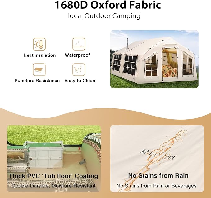 2025 Upgraded Waterproof Inflatable Camping Tent, Large Blow-Up Air Tent, No Assembly Needed Luxury Glamping House, Oxford Fabric