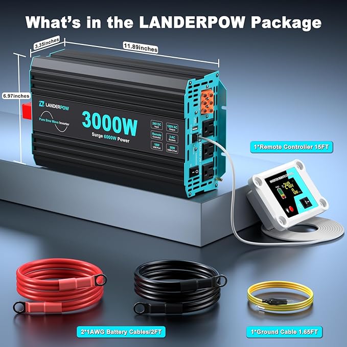 3000 Watt Pure Sine Wave Inverter 24V DC to 120V AC for RV, Truck, Solar, Home, Off-Grid, Power Inverter with 3 AC Outlet, 30W USB-C, 5V 3.1A USB, Hardwire Port, Remote Control, Surge 6000W