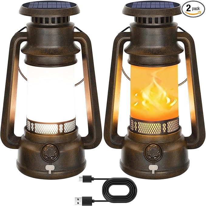 2 Modes Solar Lanterns Outdoor Waterproof, Rechargeable LED Flame Solar Lanterns Decorative Outdoor, Vintage Lantern Hanging Solar Lights for Yard, Porch, Camping, Patio, Garden, Cabin, Gifts (2 Pack)