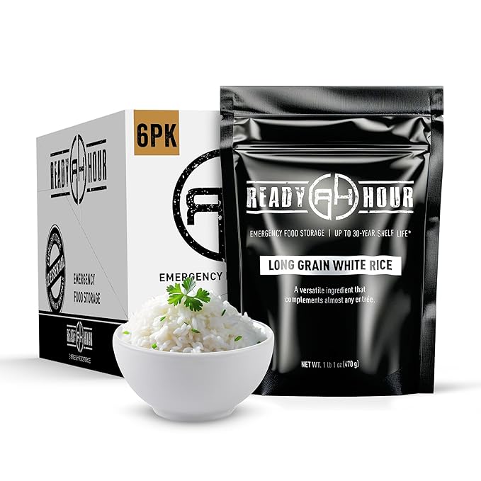 Ready Hour Long Grain White Rice Case Pack – 60 Servings (6 Pouches) – Non-Perishable Rice, Long Shelf Life, Emergency Food Supply, Bulk Storage, Survival Essentials, Instant Rice