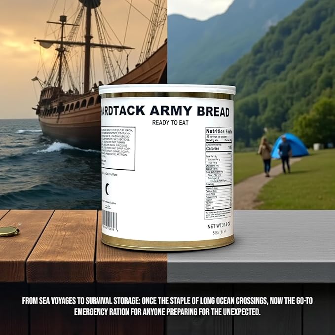 Military Surplus Freeze-Dried Hardtack Army Bread – 34 to 36 Hardtacks per Can (31.5 oz) – Ready to Eat – #10 Can – Long-Term Emergency Survival Food – 30+ Year Shelf Life – Made in USA – Ideal for Camping & Prepping Pack of 1