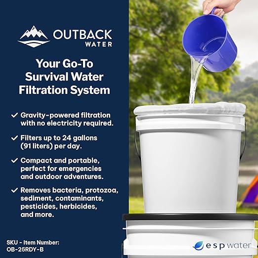 Outback Water Emergency Drinking Water Filter System - Gravity Fed Bucket Potable Water Filtration for Survival, Off-Grid, Disaster Preparedness, Travel, & Camping, Bug Out Kit, w/Extra Filter Set