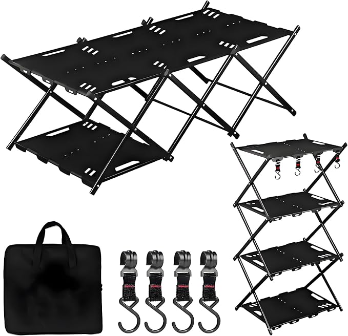 Portable Camping Table & Shelf, 2-in-1Folding Carbon Steel Picnic Rack 37" 4-Tier Storage Cook Station with 4 Hooks,Perfect for Party, Dining, Camping, BBQ, Indoor, Outdoor
