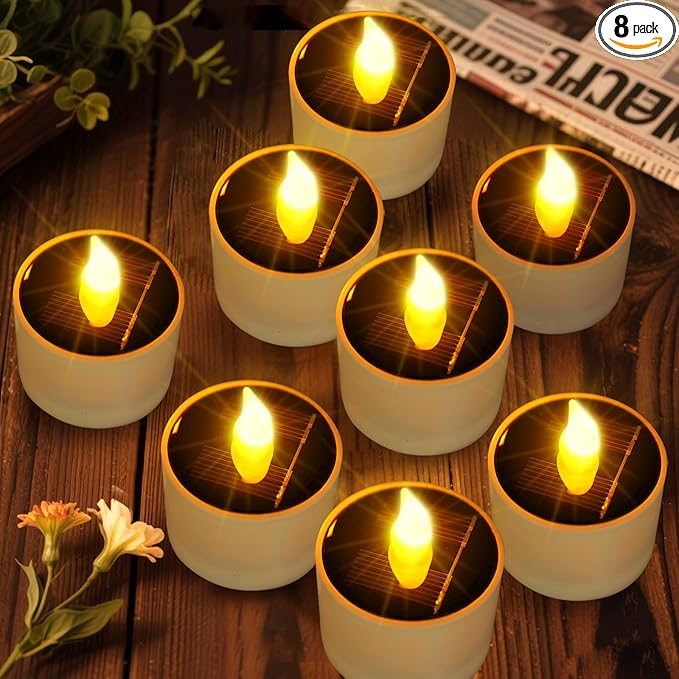Solar Tea Lights Outdoor - 8 Pack Waterproof Rechargeable Dusk to Dawn Outdoor Lighting Flameless Flicker Reusable LED Solar Candles for Lanterns Camping Garden Home Decorations, 2.3''x2.1''
