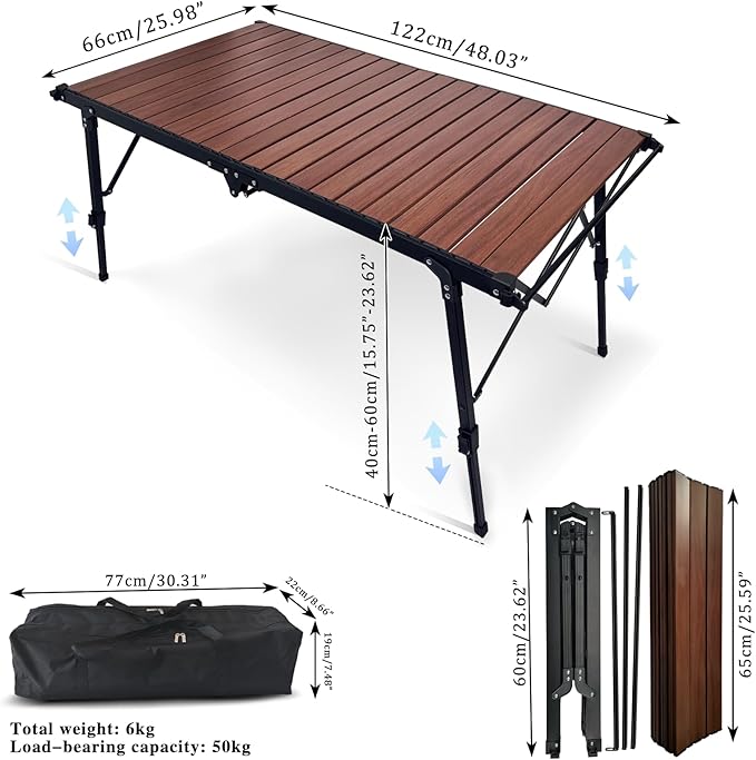 Folding Camping Table Aluminum Heavy Duty Adjustable Height Foldable Table 4FT, Max Loads UP 110LBS, Lightweight Portable with Carry Bag for Car Travel, Indoor & Outdoor Picnic BBQ Backyards Beach
