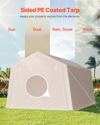 VEVOR 10 × 15 ft Outdoor Storage Shed Tent with Heavy-Duty Steel Frame, 2 Roll-Up Doors & Air Vents, Waterproof Portable Garage Carport Shelter for Motorcycle, Lawn Mower, Garden Tools – Beige