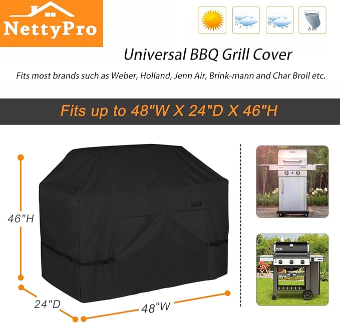 NettyPro Grill Cover for Outdoor Grill 48 inch Waterproof Heavy Duty Gas BBQ Grill Cover for Outside Weber, Char-Broil, Brinkmann, Jenn Air, Nexgrill 2 Burner Barbecue, Black