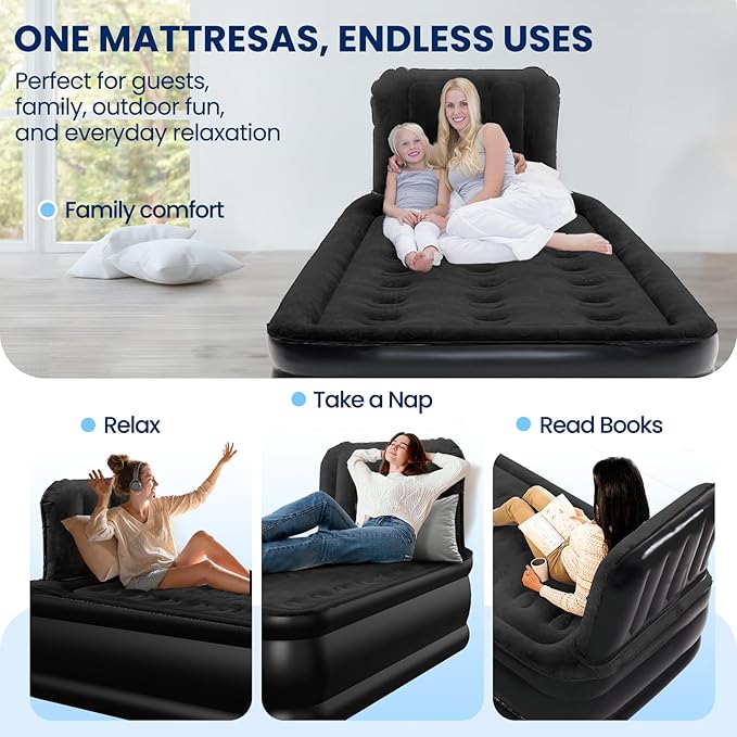 Twin Air Mattress with Headboard, Built-in Pump, Supports 500 lbs, Quiet Noiseless Design, 48-Hour Leak-Tested, 2.5 Min Fast & Easy Inflation/Deflation, Portable Blow Up Bed for Home, Guests & Camping