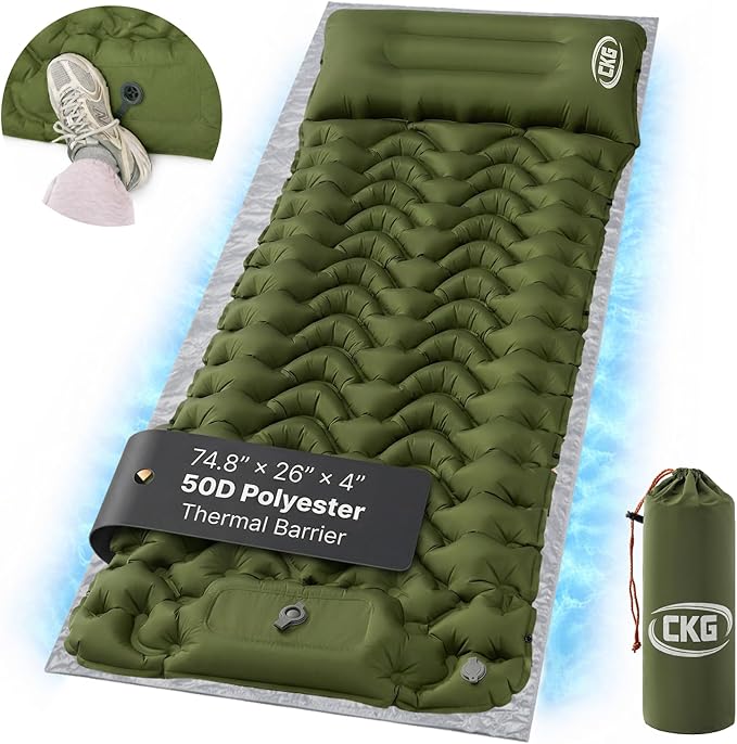 CKG Camping Sleeping Pad with Thermal Barrier, Ultralight Camping Mat 4in Thick with Pillow, Built-in Foot Pump Inflatable Sleeping Pad for Hiking Tent Road Trip Car Camp Travel Gear, Green