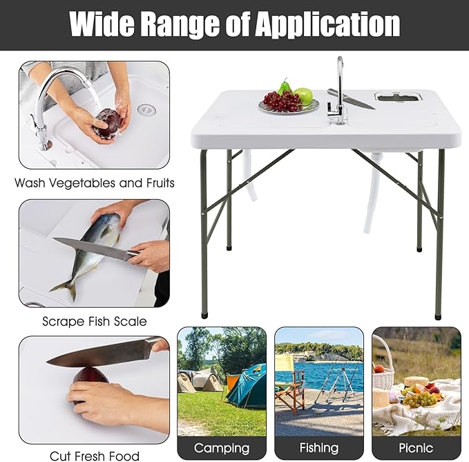 Giantex Fish Cleaning Table w/ 2 Sinks, Faucet, Hose Hook Up, Portable Folding Camping Table w/Measure Mark, Outdoor Fillet Cleaning Station for Fishing Beach Picnic (with Sprayer & Storage Shelf)