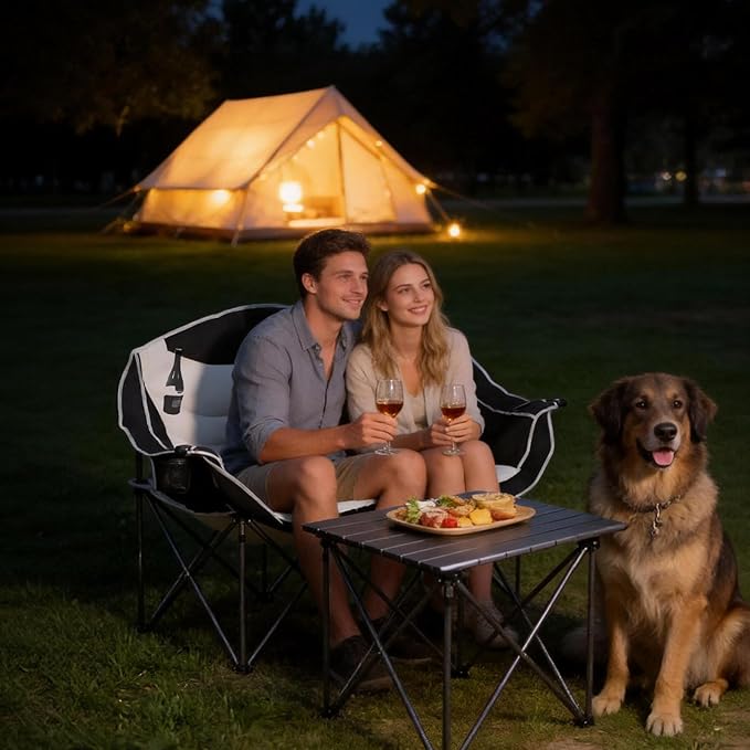 Double Camping Chair Loveseat with Cup Holders, 2 Person Folding Outdoor Chair, 550lbs Heavy Duty, 600D Oxford Fabric Padded Seat, Portable Camping Couch for Camping and Sports Event