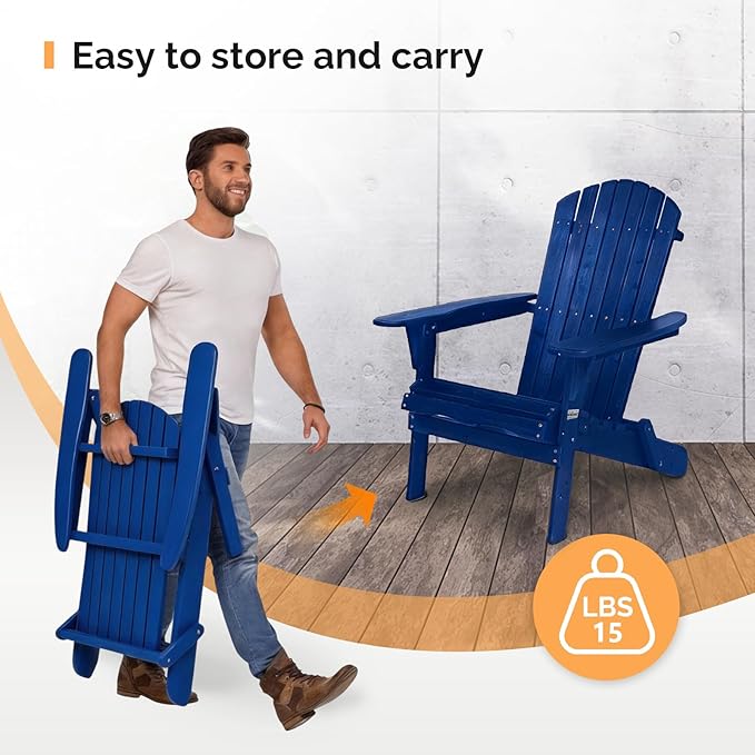 VINGLI Folding Adirondack Chairs Set of 2, Wood Adirondack Chair for Outdoor, Foldable Fire Pit Chairs for Patio, BBQ, Porch, Yard, Pool, Blue