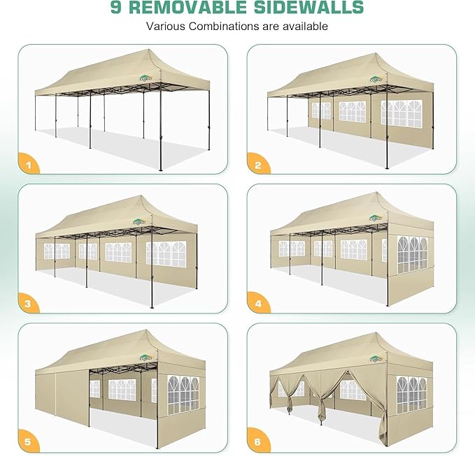 COBIZI 10x30 Pop Up Canopy Heavy Duty with 8 Removable Sidewalls, Commercial Portable Tents for Parties Ez Up Canopy All-Weather Windproof & Waterproof UPF 80+ Wedding Tent