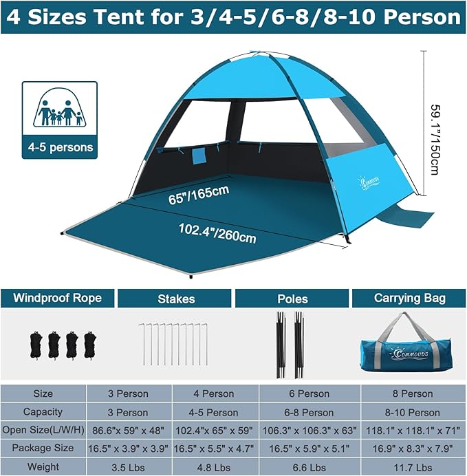 COMMOUDS Beach Tent Sun Shade for 3/4/6/8 Person, UPF 50+ Beach Sun Shelter Canopy Tent, Lightweight, Easy Set Up and Carry