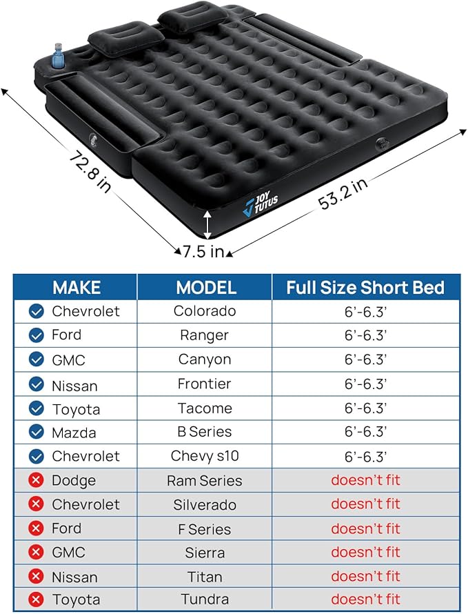 JOYTUTUS Truck Bed Air Mattress with Built-in Air Pump for 6.0-6.3Ft, Compact Regular Truck Beds,Anti-Leakage, Inflatable Pickup Mattress,Compatible with Tacoma&Ranger&Frontier&Gladiator,Black