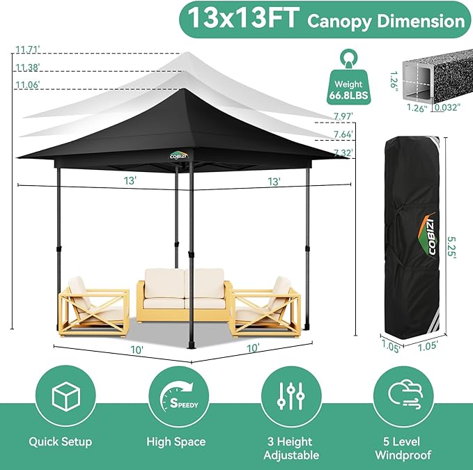 COBIZI 13x13 Pop Up Canopy Tent Heavy Duty with Sidewalls & Auto-Extending Eaves Outdoor Gazebo Easy Up for Backyard Party Commercial Events, All Weather Waterproof UV 50+ (Leg Upgraded) Black