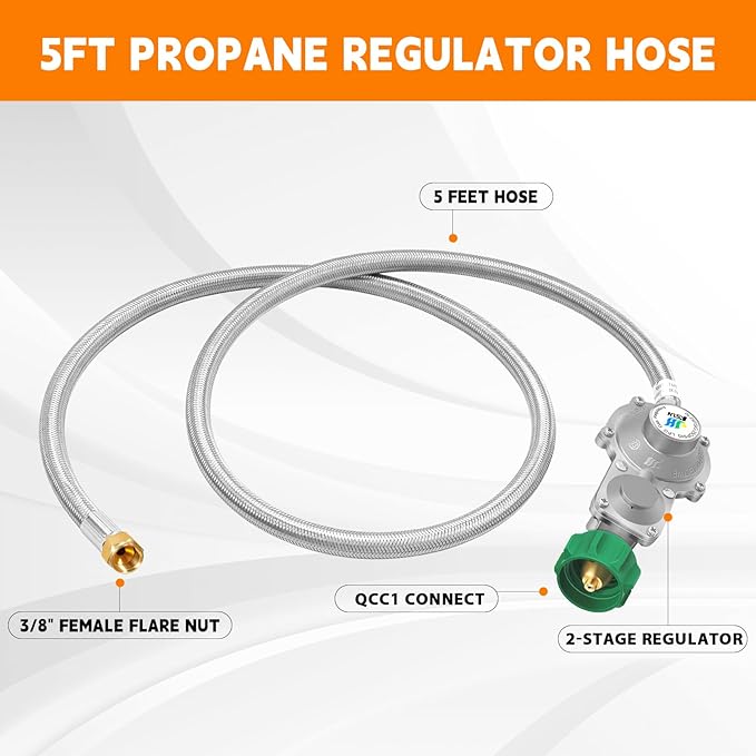 GasSaf 5FT 2 Stage Propane Regulator with Hose, Stainless Steels Dual-Stage Propane Regulator for RV, Generator, Camp Stove, Gas Grill, and Heater - CSA Certified