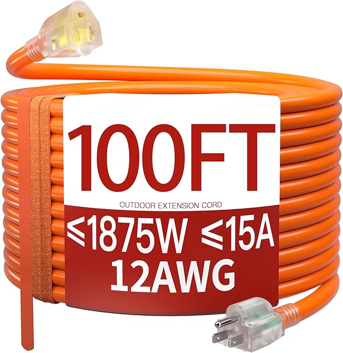 100 FT 12 Gauge Extension Cord Outdoor, Heavy Duty Weatherproof & Flame Retardant Orange 3 Prong Power Cord with Light, Outside for Lawn & Garden, 15 Amps 1875 Watts 125 VAC 12AWG SJTW, ETL Listed