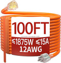 100 FT 12 Gauge Extension Cord Outdoor, Heavy Duty Weatherproof & Flame Retardant Orange 3 Prong Power Cord with Light, Outside for Lawn & Garden, 15 Amps 1875 Watts 125 VAC 12AWG SJTW, ETL Listed