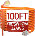 100 FT 12 Gauge Extension Cord Outdoor, Heavy Duty Weatherproof & Flame Retardant Orange 3 Prong Power Cord with Light, Outside for Lawn & Garden, 15 Amps 1875 Watts 125 VAC 12AWG SJTW, ETL Listed