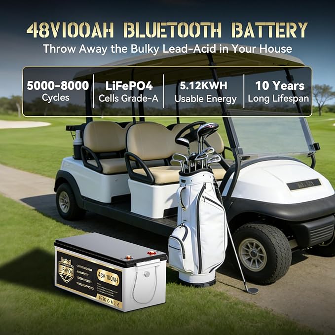 48V 100Ah LiFePO4 Golf Cart Battery | 51.2V 100Ah with 200A BMS | 10.24kW Max Power & 1000A Peak | Built-in LCD Display/APP Monitor & 58.4V 18A Charger | 8000+ Deep Cycles | For Golf Carts, RV, Solar
