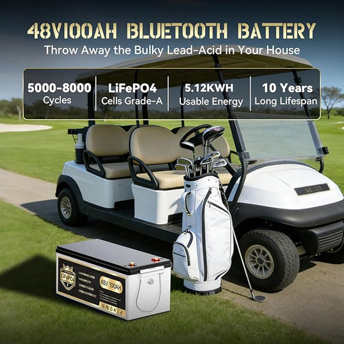 48V 100Ah LiFePO4 Golf Cart Battery | 51.2V 100Ah with 200A BMS | 10.24kW Max Power & 1000A Peak | Built-in LCD Display/APP Monitor & 58.4V 18A Charger | 8000+ Deep Cycles | For Golf Carts, RV, Solar