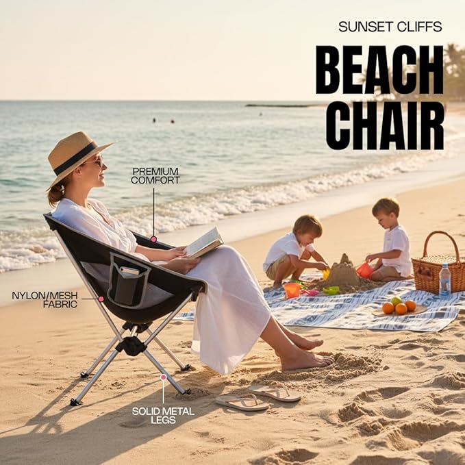 Sunset Cliffs Portable Beach Chair Set - Compact Folding Low Profile Camping Chairs - Lightweight 7075 Aluminum Frame & 600D Oxford Cloth - Armless Design for Sand, Festivals, and Outdoor Travel