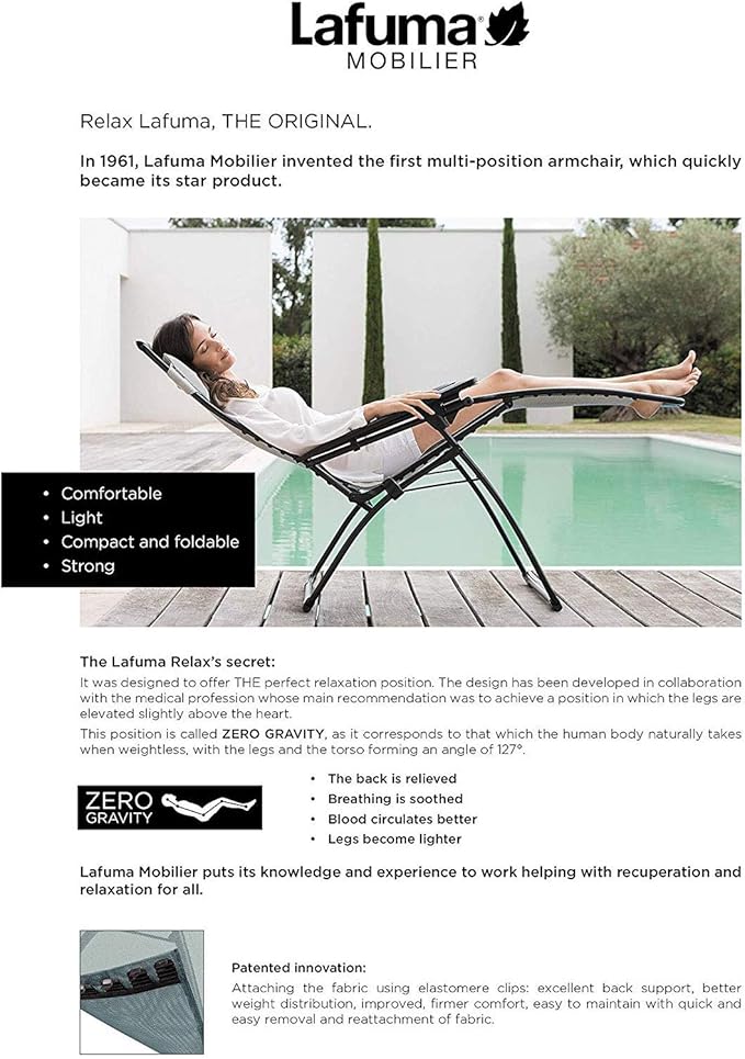 Lafuma Futura Zero Gravity Patio Recliner with Alloy Steel Material and Patented Clip Suspension System for Reclining Patio Chairs, Ocean Blue