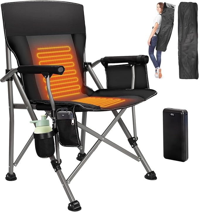 Heated Camping Chair with 20,000 mAh Battery, Loog-Lasting for 500 Mins, Fully Padded Heated Camp Chairs, Heavy Duty Folding Chairs Supports 500 lbs for Winter Camping, Picnics, Tailgating, RV Travel