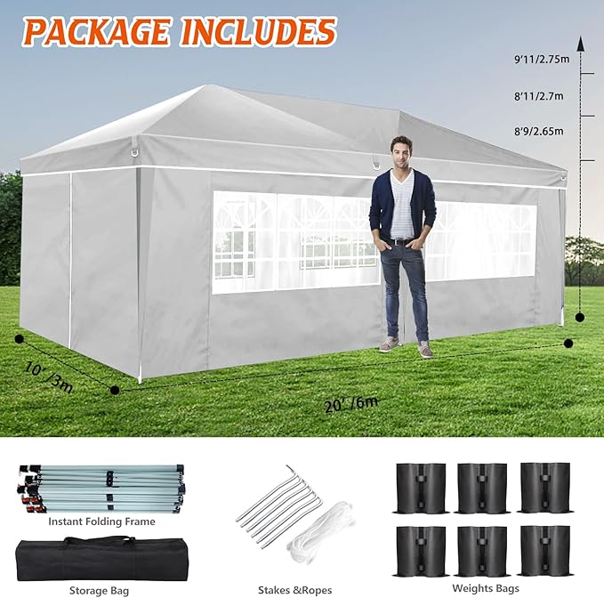Heavy Duty Pop Up Canopy, Carport Canopy with UV Protection, Waterproof Fabric, Adjustable Heights, and Easy Assembly – Ideal for Outdoor Events, Camping, and Carports (10 x 20) (White)