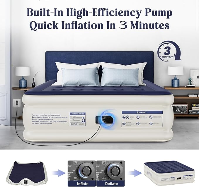 Air Mattress Queen with Built-in Pump, Blow Up Mattress with Soft Flocked Top, Leakproof Inflatable Mattress, Foldable Waterproof Air Bed for Home, Guests, Camping, with Storage Bag