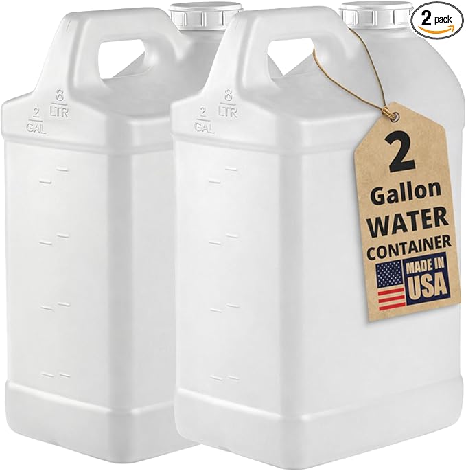 kitchentoolz 2 Gallon Water Jug with Lid – Heavy-Duty HDPE F-Style Plastic Jug for Drinking Water, Camping, Emergency Storage & Utility Liquids – Made in USA - 2 Pack