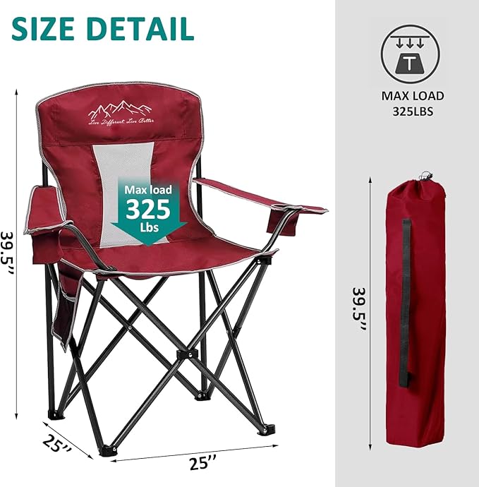 2PCS SAILARY Mesh Folding Camping Chairs, Oversized Portable Outdoor Chairs, Weight Capacity 325 lbs with Cup Holder, Storage Pocket, Carry Bag Red