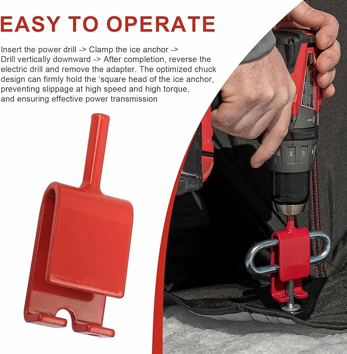 Ice Anchor Power Drill Adapter Fits 1/2" Electric Drill Chuck and 3/8" Ice Anchor Connection End, Ice Shelter Accessories for Ice Fishing Shelter Tent, Red Ice Shanty Anchors Adapter