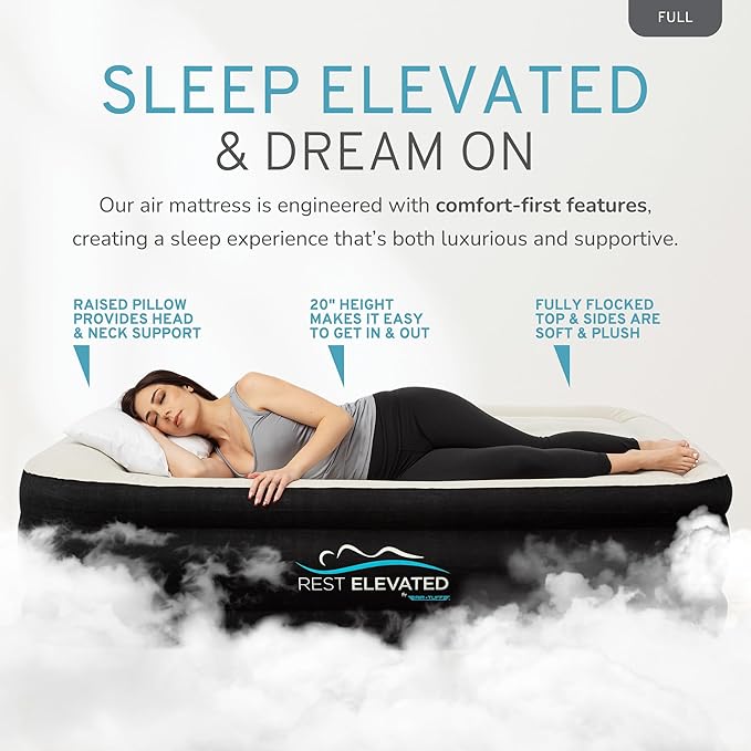 RestElevated Luxury Pillow Top Full Size Air Mattress with Built in Pump | 20" Raised Height with Coil Beam Support | Adjustable Blow Up Air Bed | for Home, Guests and Camping [Black with Cream Top]