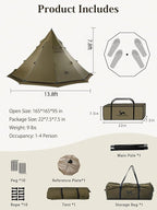TOMOUNT Hot Tent,Teepee Tent with Half Inner Mesh with Stove Jack, 70D Ripstop Nylon, PU3000mm, Waterproof Lightweight for 2-4 Person, 4 Season Backpacking Hunting Hiking
