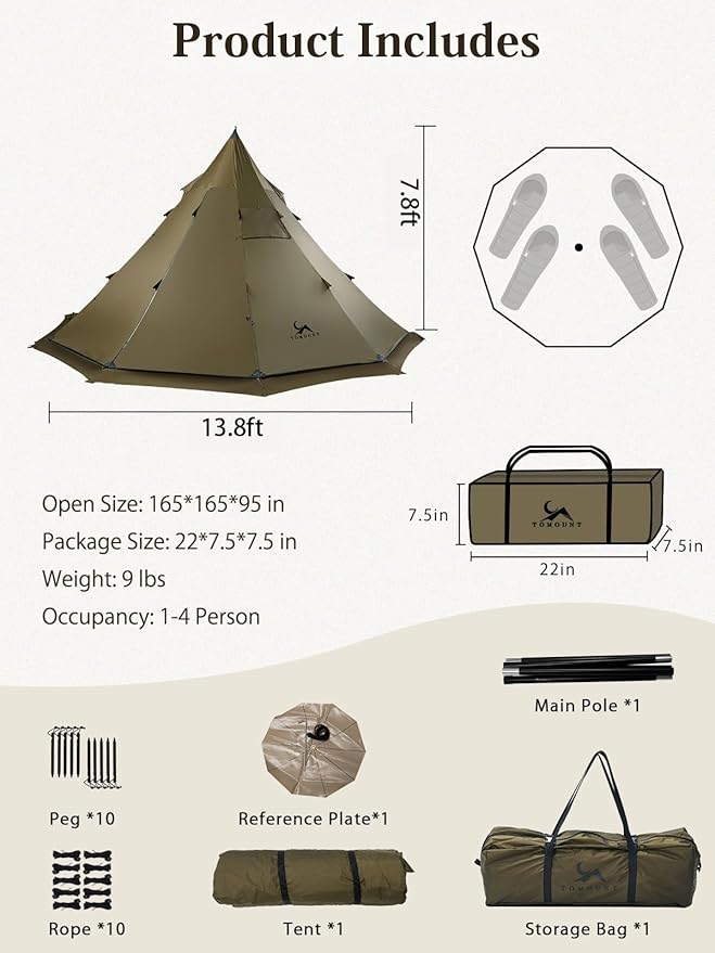 TOMOUNT Hot Tent,Teepee Tent with Half Inner Mesh with Stove Jack, 70D Ripstop Nylon, PU3000mm, Waterproof Lightweight for 2-4 Person, 4 Season Backpacking Hunting Hiking