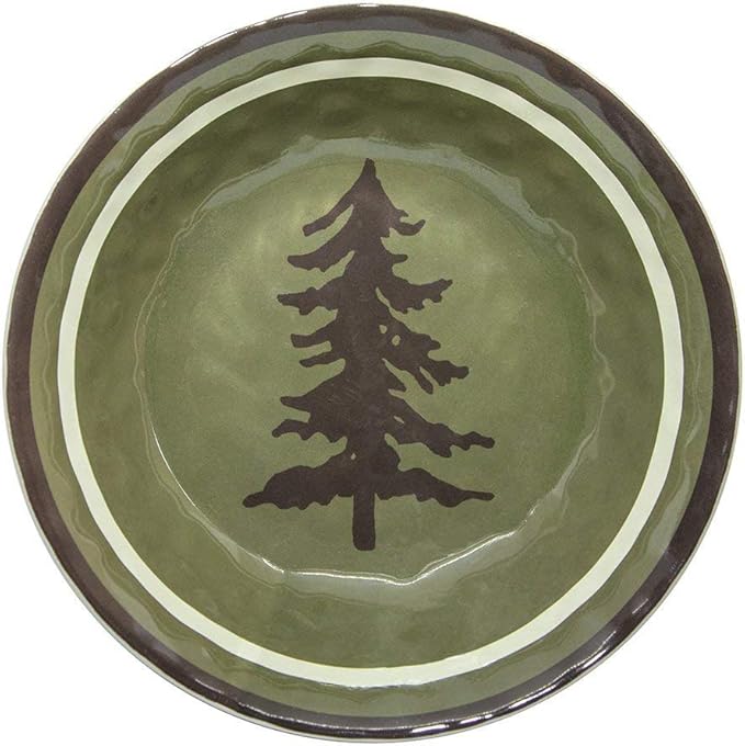 Paseo Road Aztec Bear 14 Piece Melamine Plastic Rustic Dinnerware Set, Brown Red Cream Green Bear Pine Tree Geometric Print, Cabin Lodge Southwestern Dish Set with Plates, Bowls