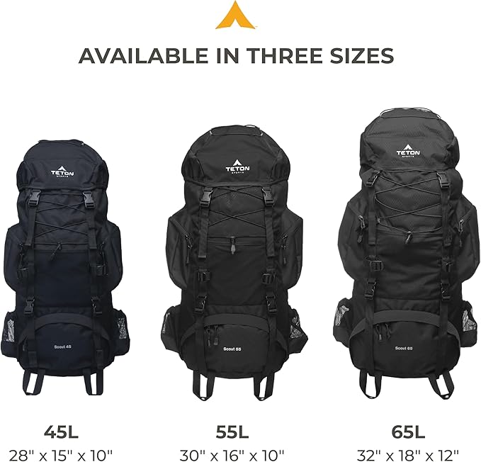 Teton 55L Scout Internal Frame Backpack for Hiking, Camping, Backpacking, Travel, Rain Cover Included, Olive