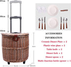 Outdoor Camping Picnic Basket Hand Lever Type Multi-Function Rattan Basket with Rollers Insulation Tableware Storage Box for Outdoor Picnic
