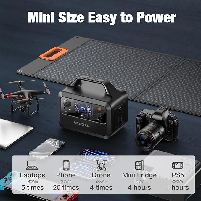 GRECELL Portable Power Station 300W with 80W Foldable Solar Panel, 230Wh LiFePO4 (LFP) Battery with Portable Solar Charger IP67 Waterproof Outdoor Cell Phone Solar Charger for Camping