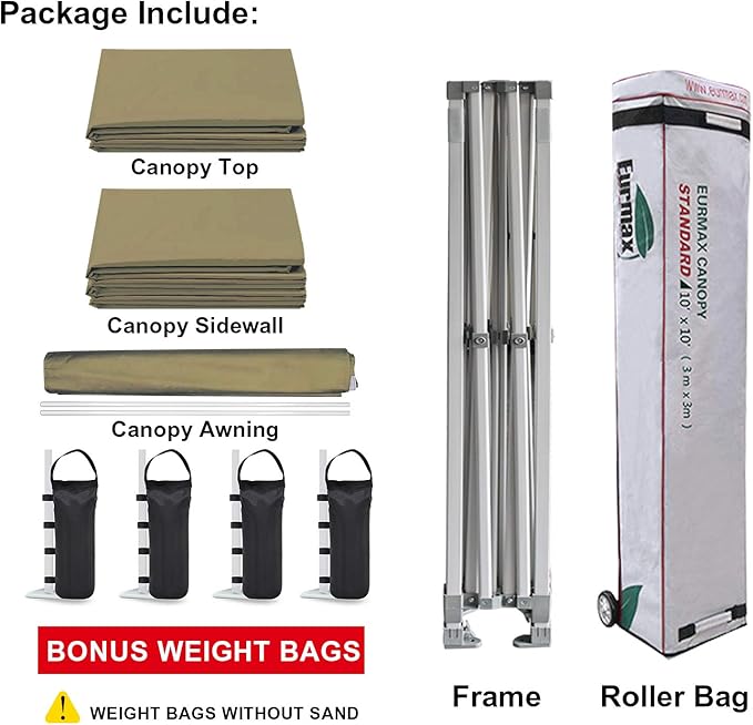 Eurmax USA 10 x 10 Pop up Canopy Commercial Tent Outdoor Party Canopies with 4 Removable Zippered Sidewalls and Roller Bag Bonus 4 Canopy Sand Bags & 24 Squre Ft Extended Awning (Khaki)