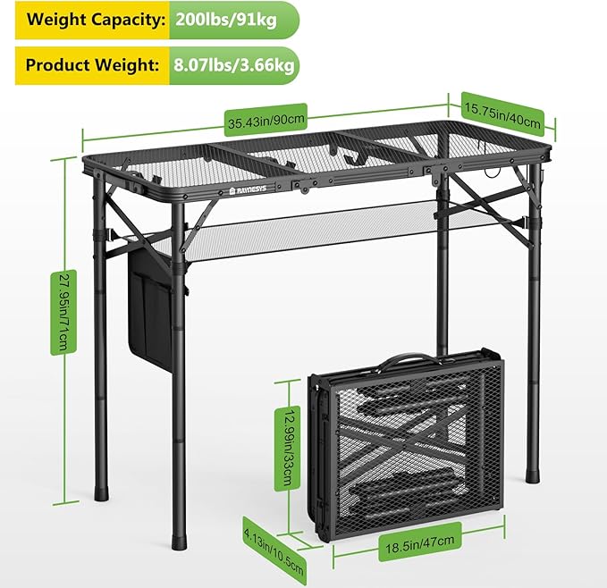 Tri-fold Camping Table, 3 Heights Adjustable Grill Table with Storage Bag, Aluminum Frame Folding Tables, Portable Handle for Outdoor Camping Picnic Cooking BBQ, 35.43"x15.75", Black